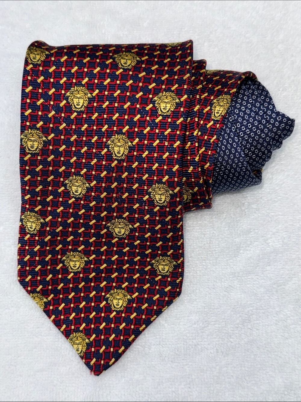 Versace Vintage Medusa Silk Tie | Navy, Red & Gold | GUC